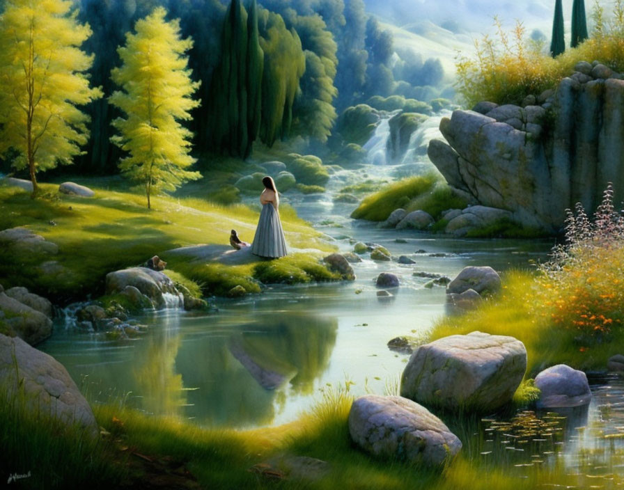 Tranquil landscape with woman by river and waterfalls