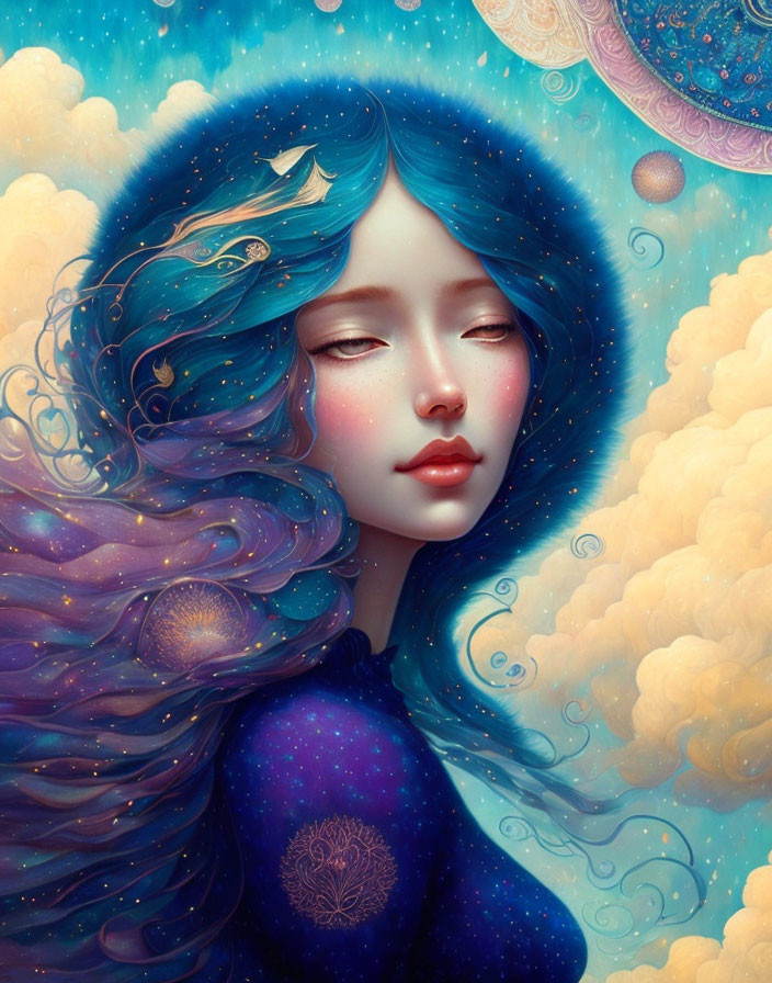 Celestial-themed surreal portrait with woman and blue flowing hair