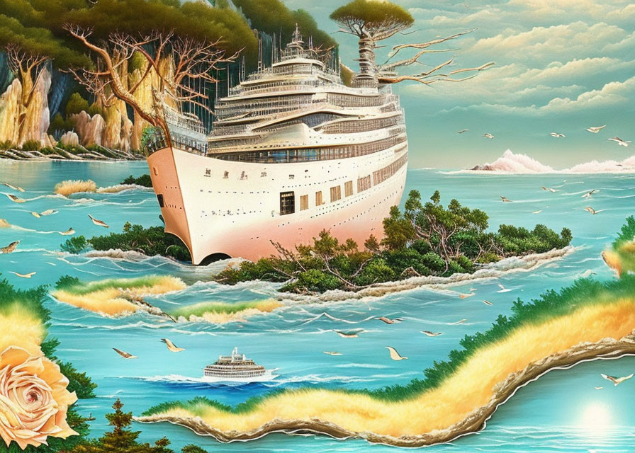 Surreal illustration of cruise ship merging with island landscape