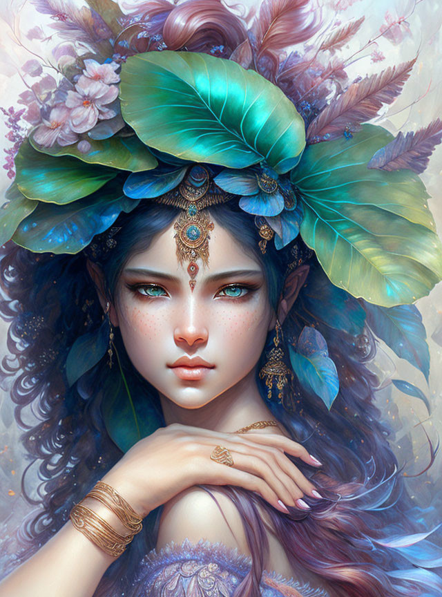 Fantasy illustration of woman with blue hair, gold jewelry, surrounded by butterflies and flowers