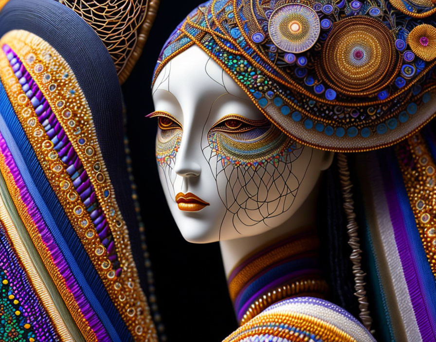 Colorful Ornate Mannequin Head with Intricate Patterns and Textures