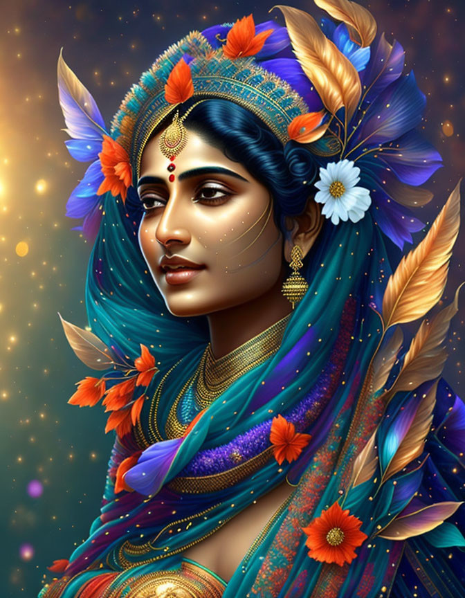 Illustration of woman with blue and golden feathers, intricate jewelry, and starry backdrop