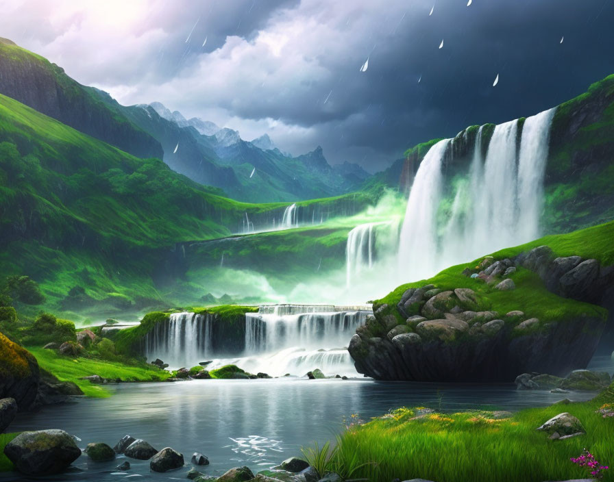 Tranquil landscape with lush greenery, cascading waterfalls, and calm river