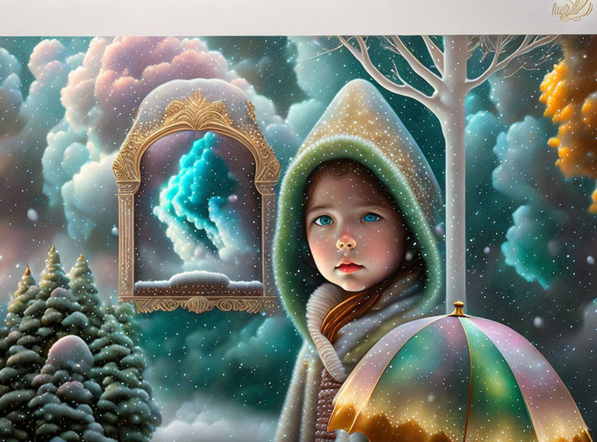 Child in winter cloak gazes at snowy scene with nebula reflection