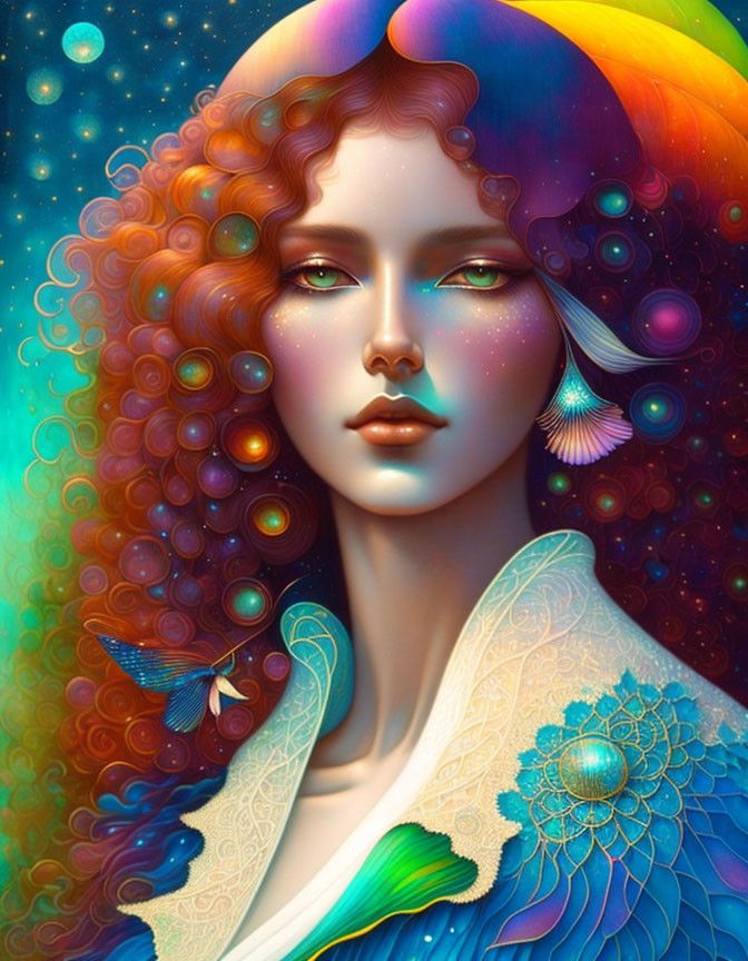 Colorful digital portrait of a woman with red curly hair and cosmic elements.