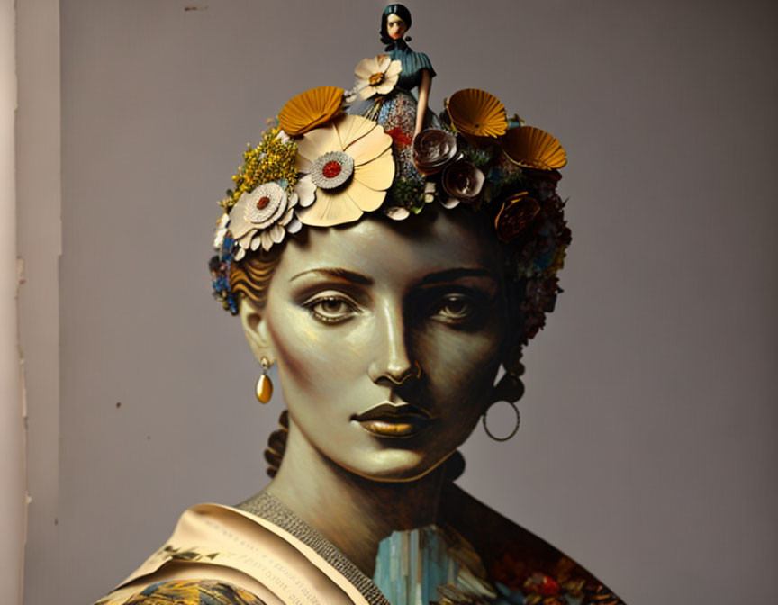 Surreal portrait of woman with flower-adorned headband