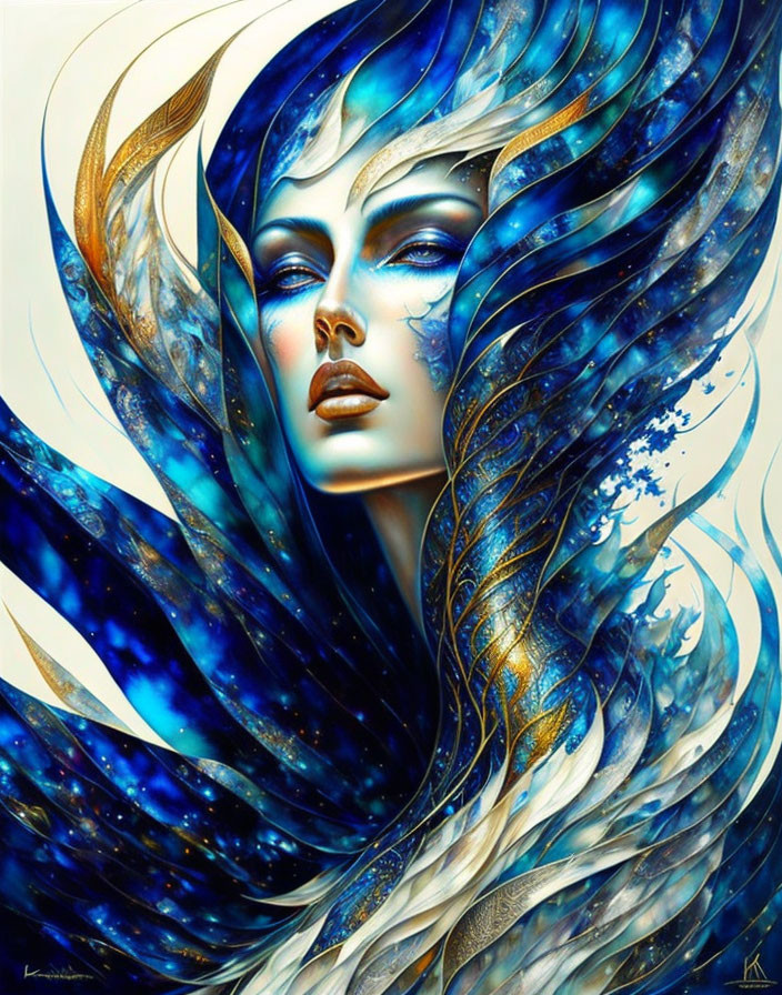 Ethereal woman with blue hair and stars in cosmic art.