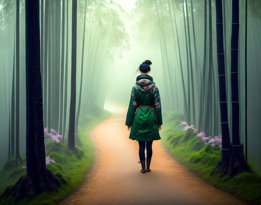 Person in green coat walking on foggy forest path with bamboo and purple flowers