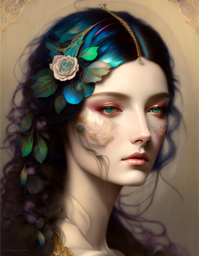 Multicolored hair portrait with floral adornments and facial jewelry