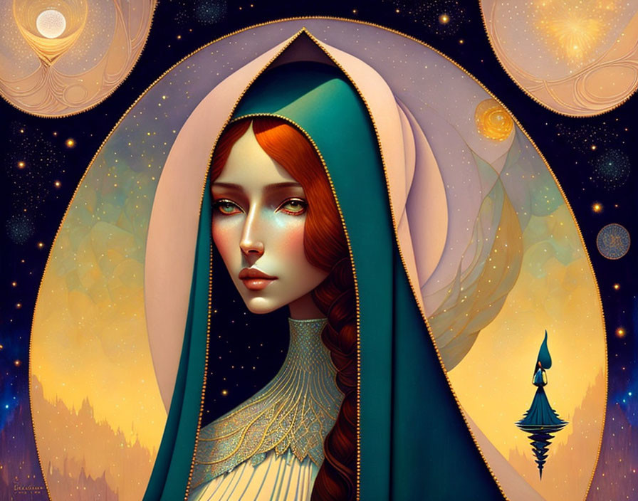 Stylized portrait of a woman with red hair in cosmic, surreal setting