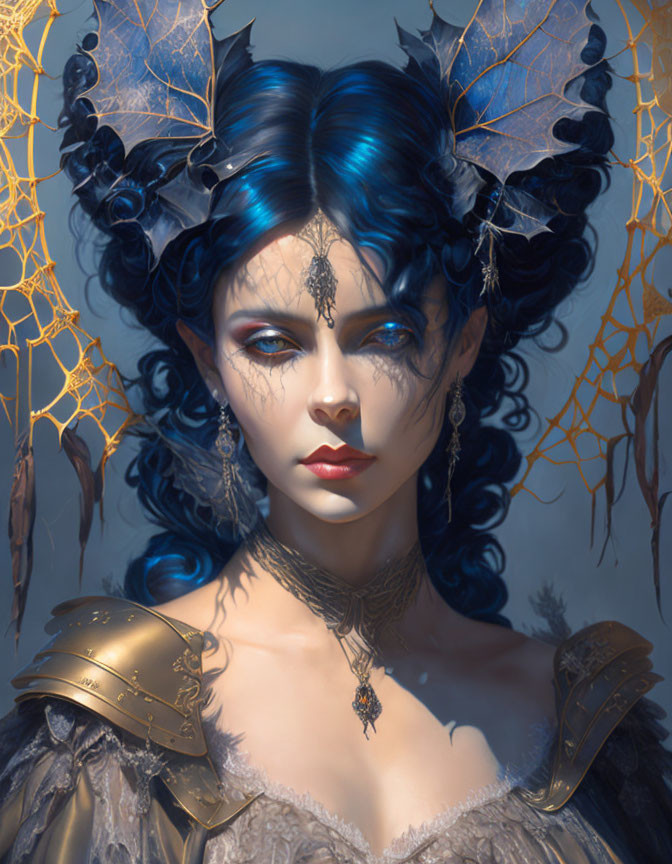 Fantasy portrait: Woman with blue-black hair and elven ears, adorned with golden leaves, set