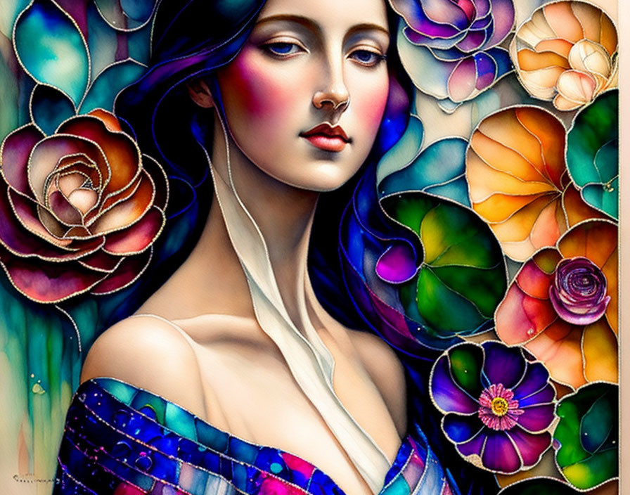 Colorful Flower Background Enhances Woman Portrait