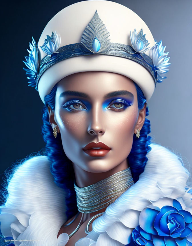 Woman with Blue Makeup, White Hat, Feathers, Blue Rose, White Collar, and Ch