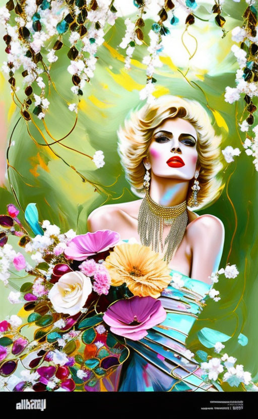 Glamorous woman with bold makeup and blonde hair surrounded by colorful flowers and jewelry on vibrant green floral