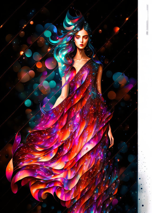 Colorful Hair and Flowing Dress Illustration on Dark Bokeh Background