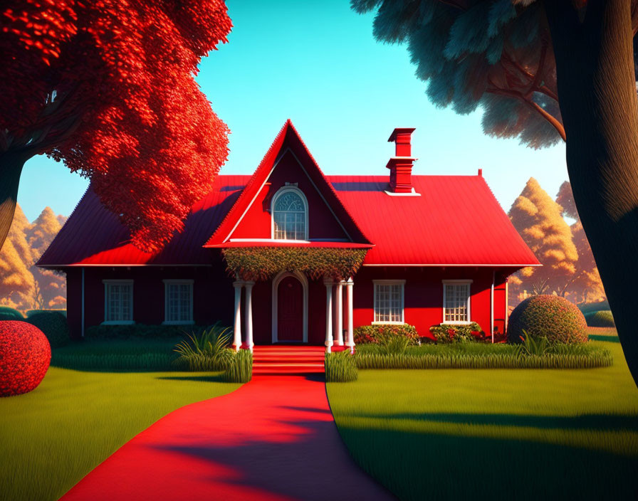 Vibrant red house with red pathway in lush green setting