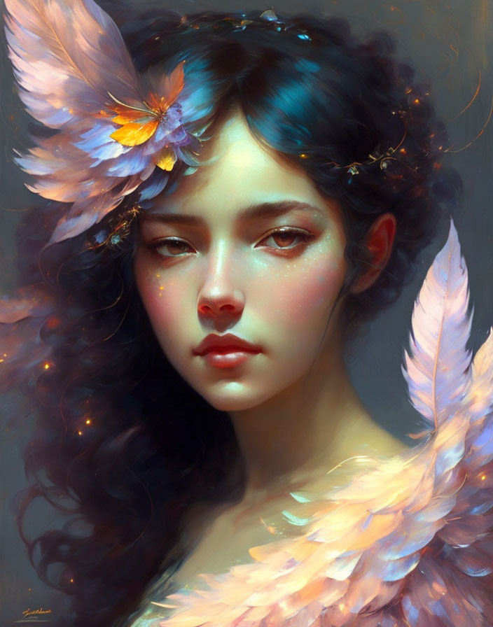 Digital painting: Young woman with feathered wings and butterflies.