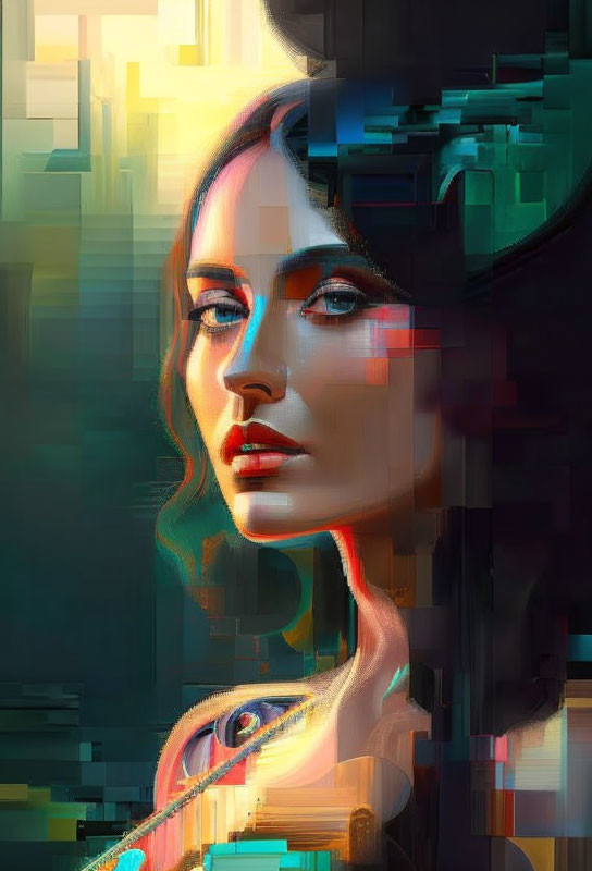 Colorful glitch effect digital portrait of a woman