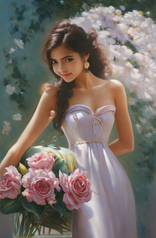 Woman in Strapless Gown with Roses Basket Among White Flowers