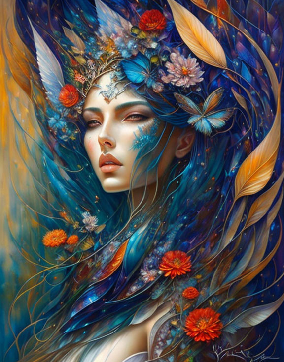 Fantastical woman portrait with blue hair, floral and feather adornments