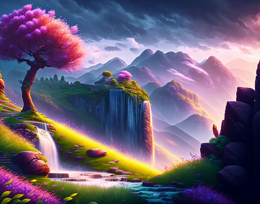 Fantasy landscape with waterfall, purple flora, illuminated tree & misty mountains