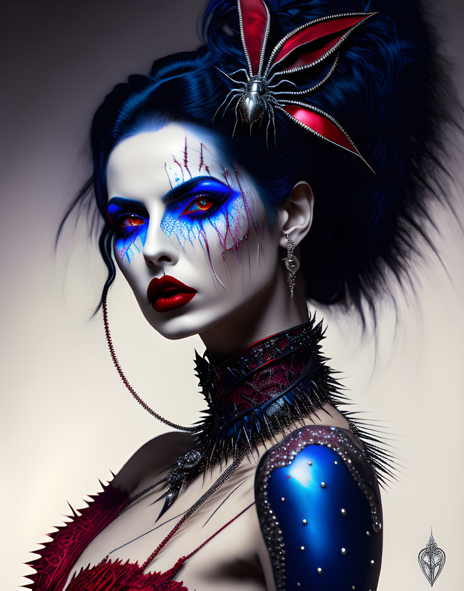 Blue-skinned woman with striking makeup and butterfly hair accessory.