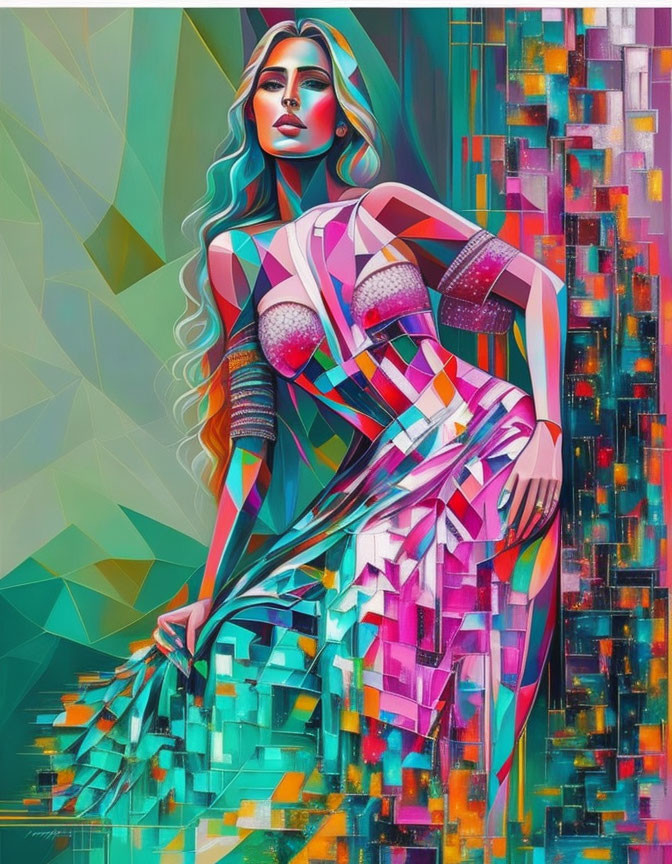 Vibrant abstract digital artwork: Woman with turquoise hair in geometric dress