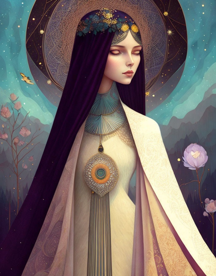 Illustrated woman with halo, jewelry, cape in night sky with butterflies and flowers