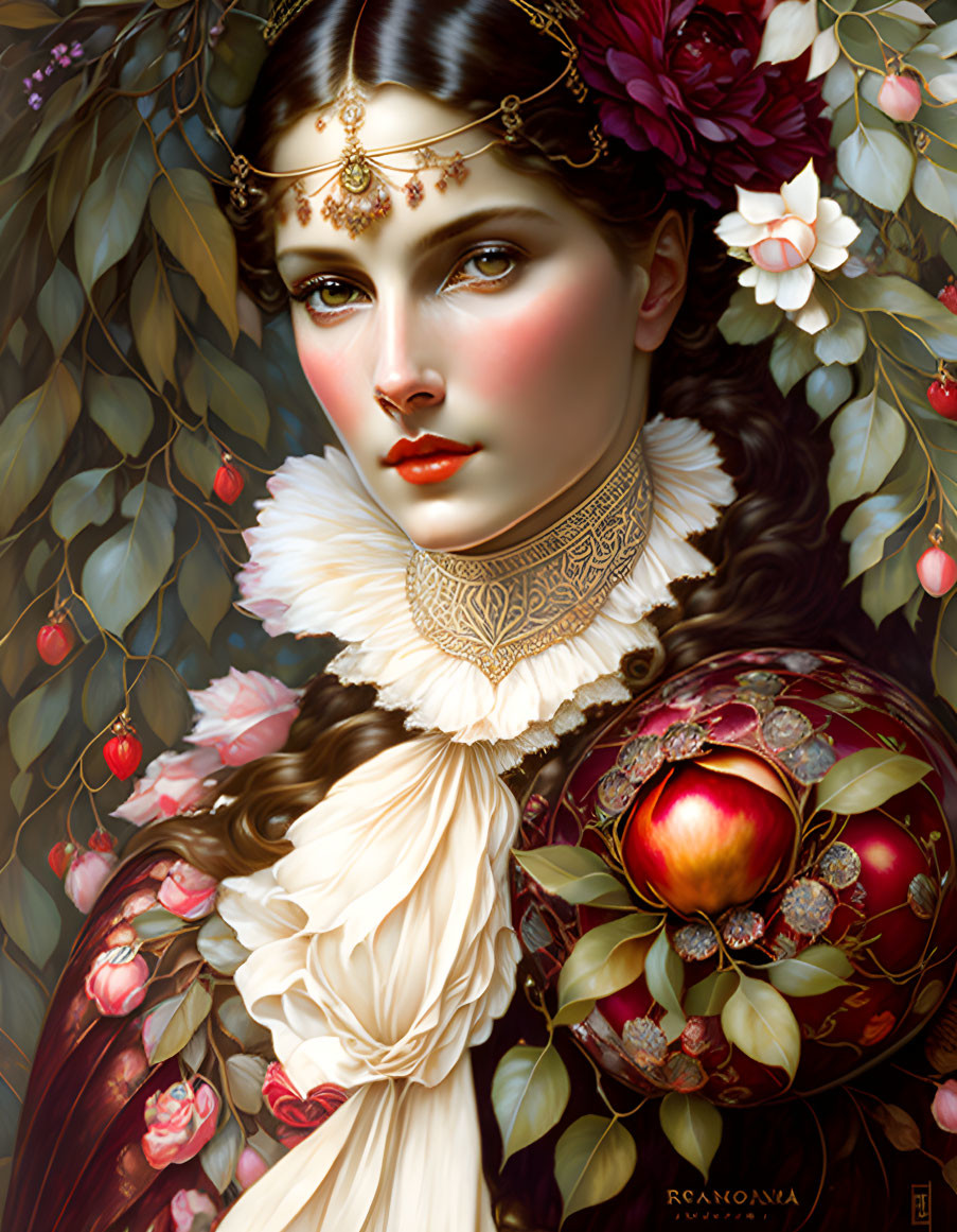 Digital painting of woman with golden headpiece and choker, surrounded by flowers, holding pomegran