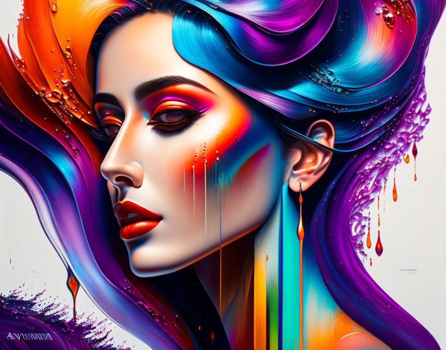 Colorful digital art: Woman's side profile with vibrant hair and intricate makeup