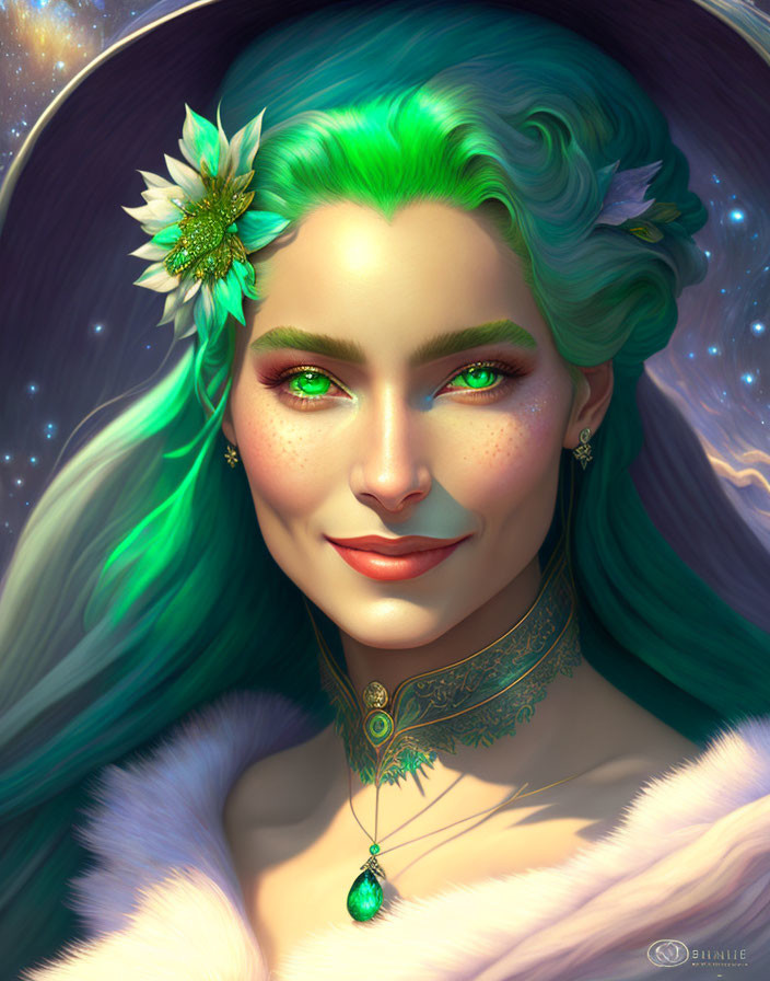 Woman with Green Hair and Celestial Background Illustration