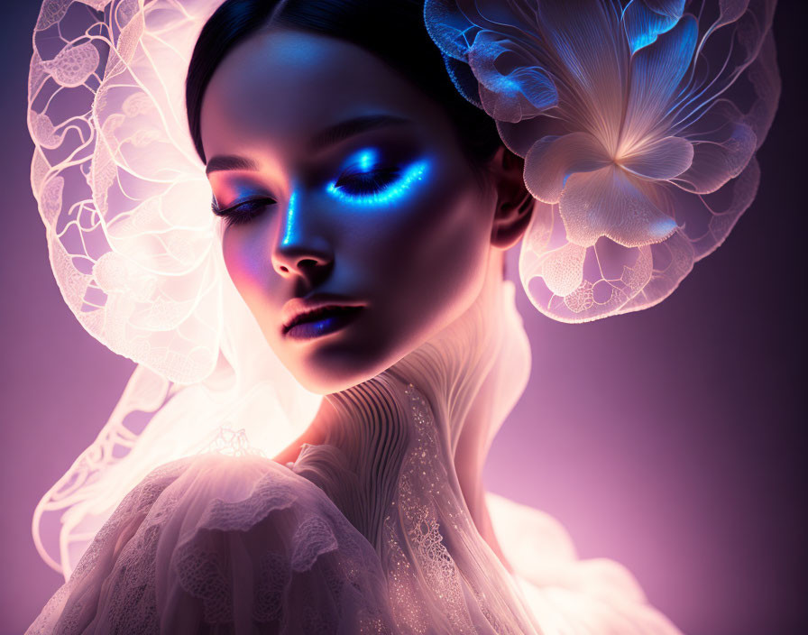 Surreal portrait of woman with glowing blue eyes in luminous floral setting