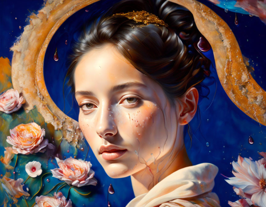 Serene woman surrounded by flowers and cosmic elements