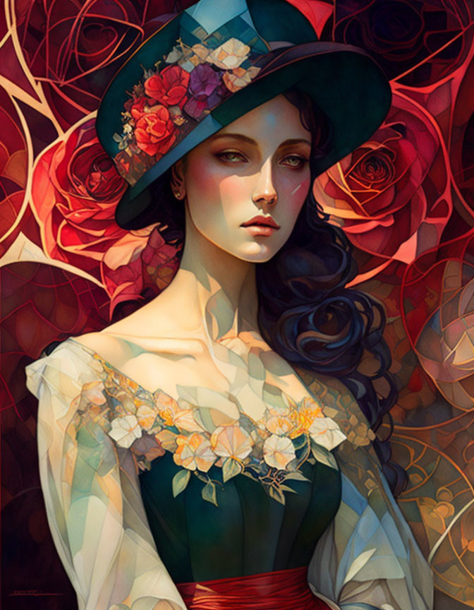 Intricate floral patterns on woman in wide-brimmed hat & leafy dress