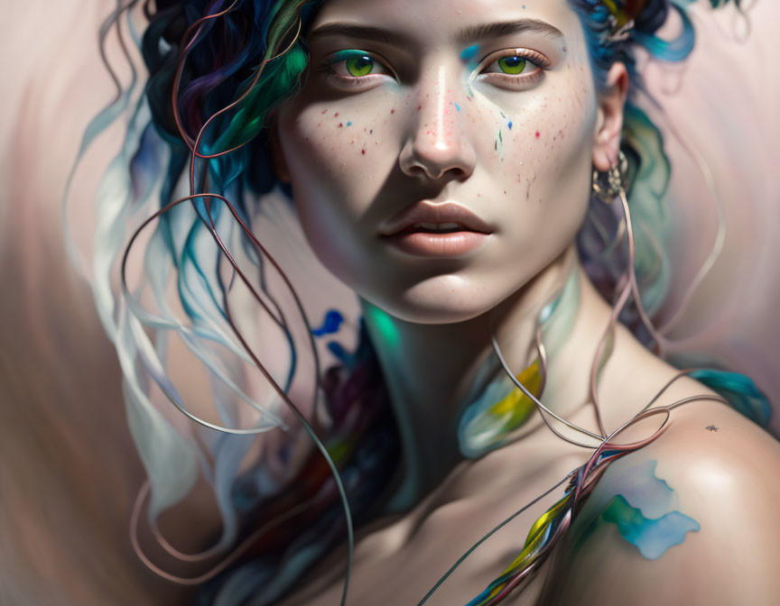 Multicolored hair woman with green eyes and paint splatters