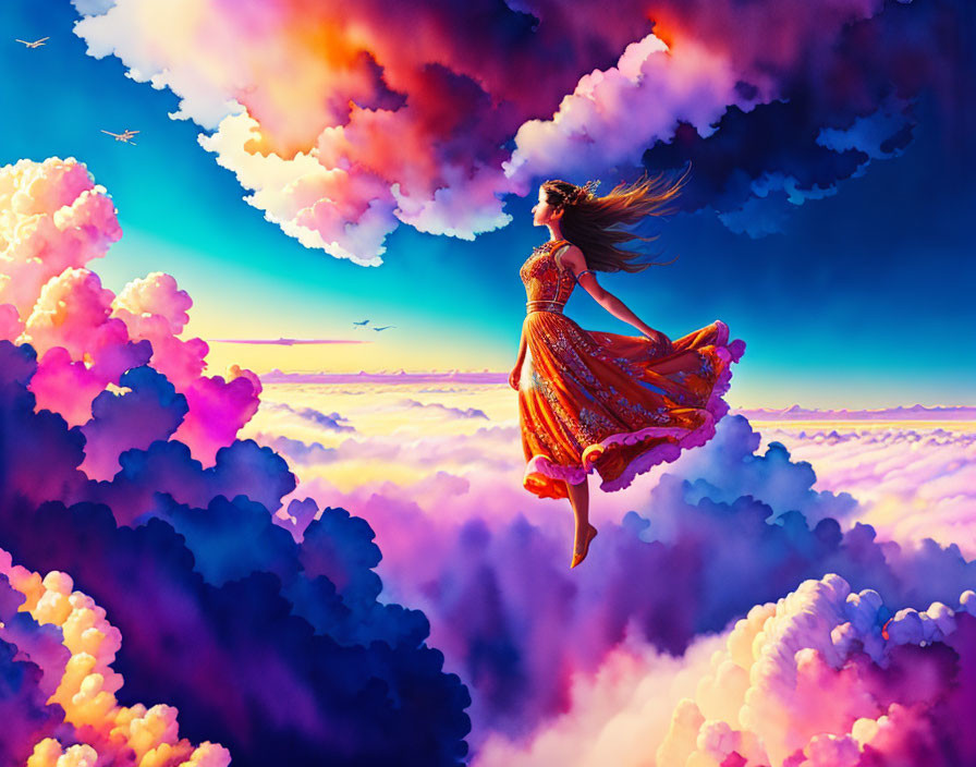 Woman in flowing orange dress floating among vibrant clouds and birds under blue sky