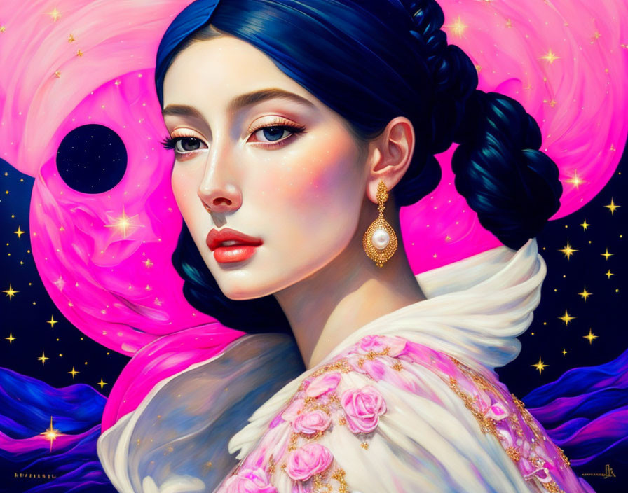 Illustrated portrait of woman with braided updo and drop earring against celestial pink background.