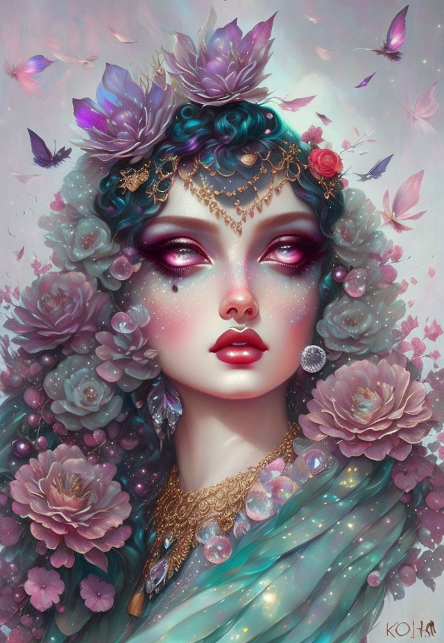 Digital art portrait of woman with purple floral motifs and celestial jewelry