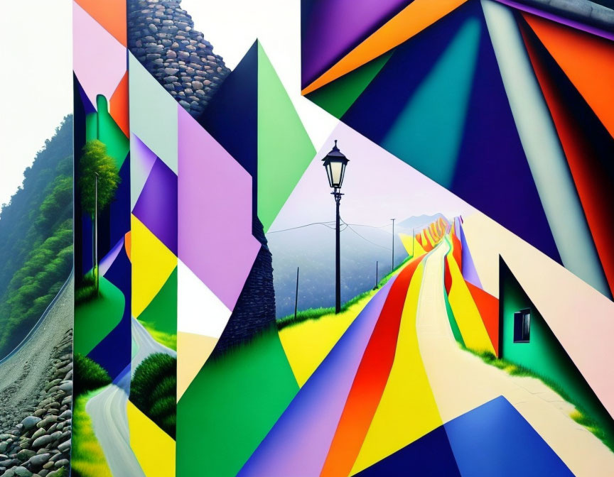 Abstract Geometric Painting with Cobblestone Road & Lamp Post