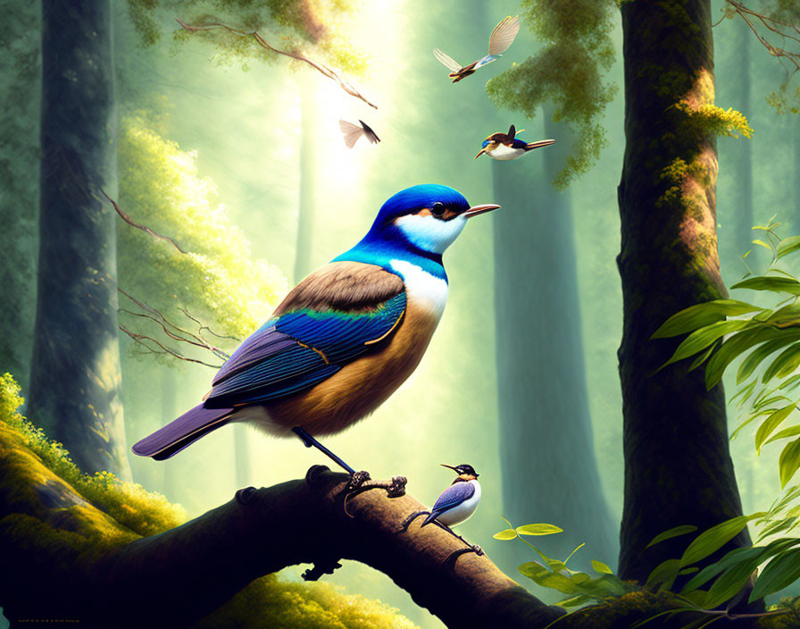 Colorful bird perched in mystical forest with flying birds