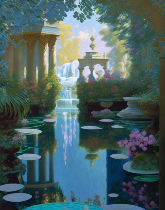 Tranquil Fantasy Garden with Columns, Waterfall, and Lush Greenery