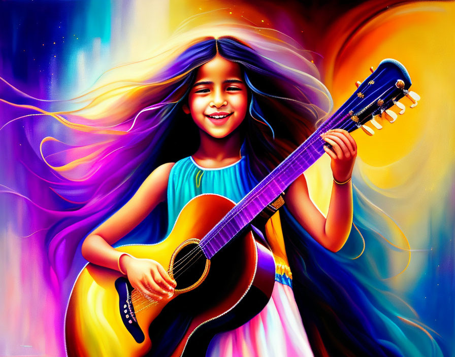 Vibrant image of young girl playing guitar