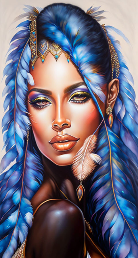 Woman with Striking Makeup and Blue Feathered Headwear Portrait