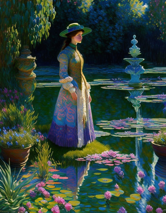 Victorian lady by tiered fountain with pink water lilies