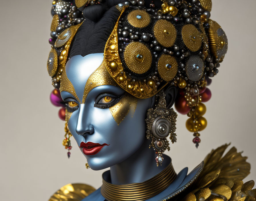 Person adorned with ornate headdress and golden jewelry, featuring striking blue and gold face paint.