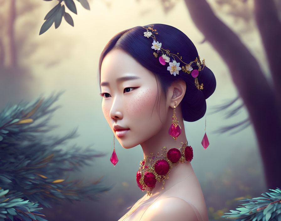 Asian woman with traditional hair ornaments and red earrings in elegant illustration