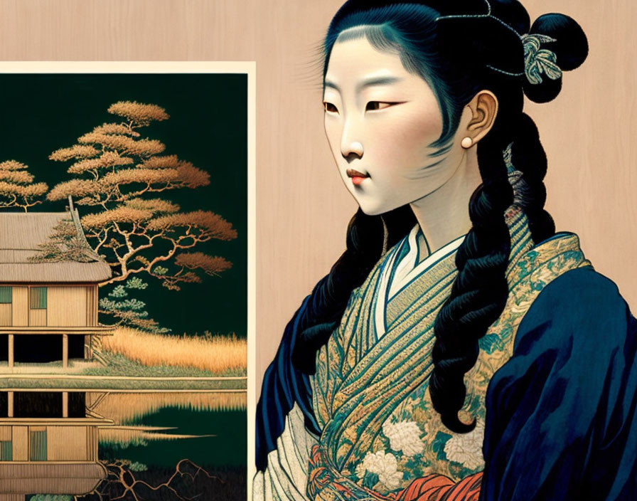 Traditional Asian portrait of a woman in kimono with braided hairstyle against scenic pagoda painting background