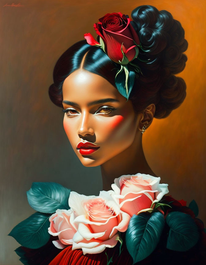 Digital painting of woman with roses, red lipstick, and stylized makeup.