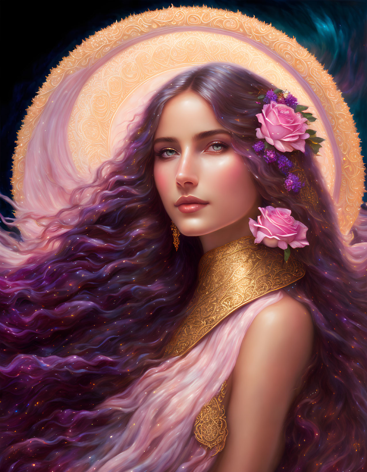 Ethereal woman with purple hair, golden halo, roses, and intricate jewelry