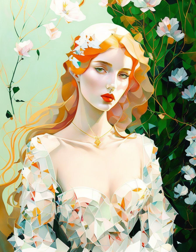 Geometric woman with red lips and flowing hair among white flowers and green leaves